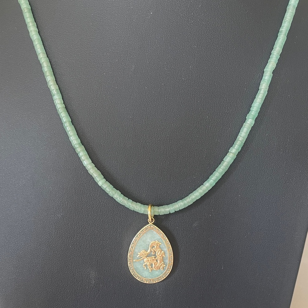 Elegant GreenJade Beaded Necklace with 14k Gold DragonPendant